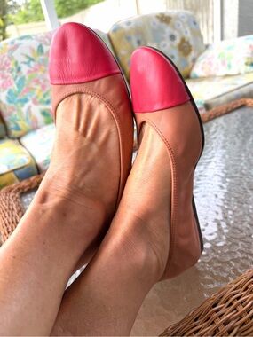 Lanvin Two Tone Cap Toe Tan Coral Leather Ballerina Ballet Flats EU 37.5 Paris